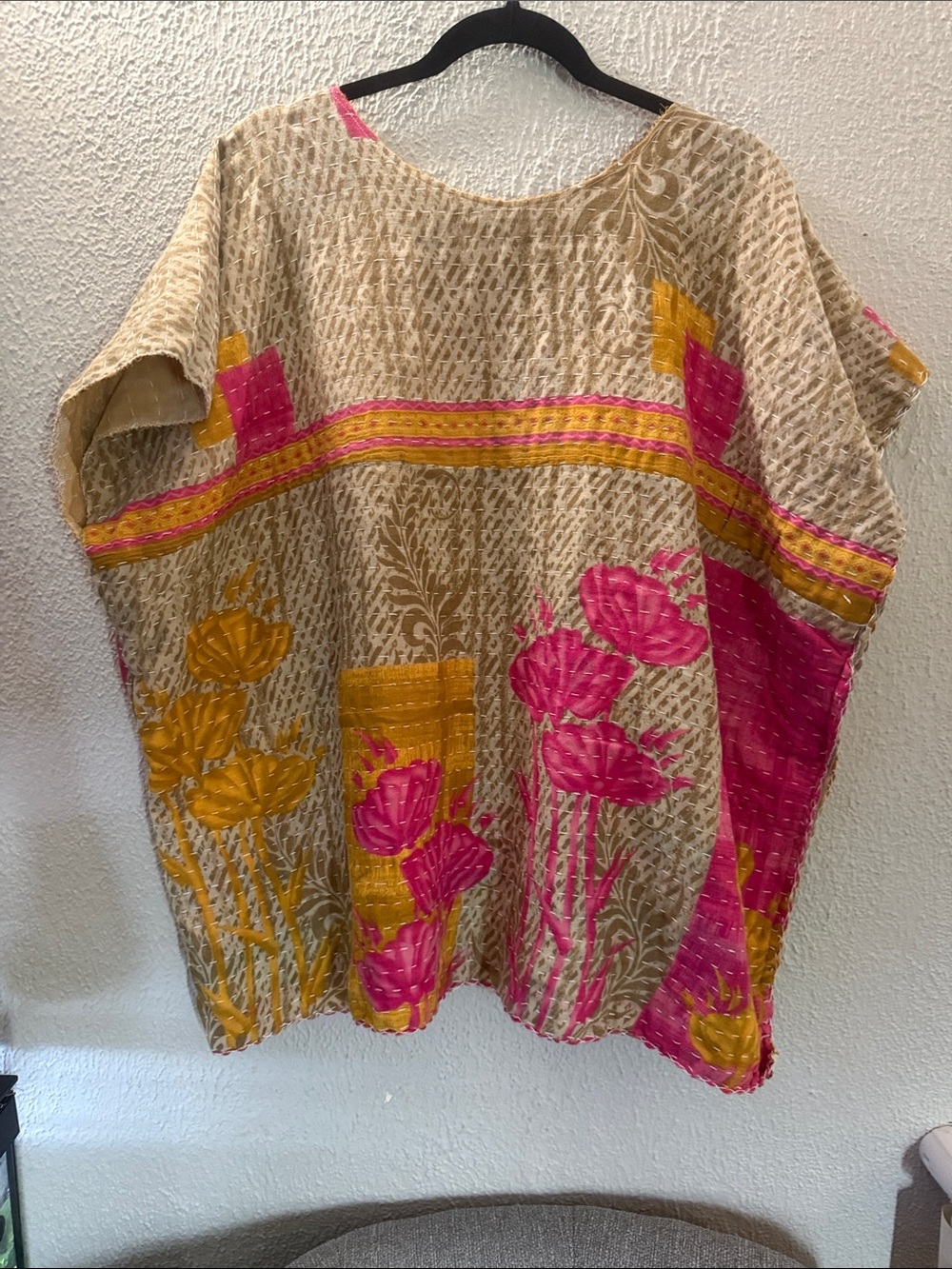 Upcycled Kantha Light Yellow tye dye Printed Women’s Tunic Top - Picture 4 of 4